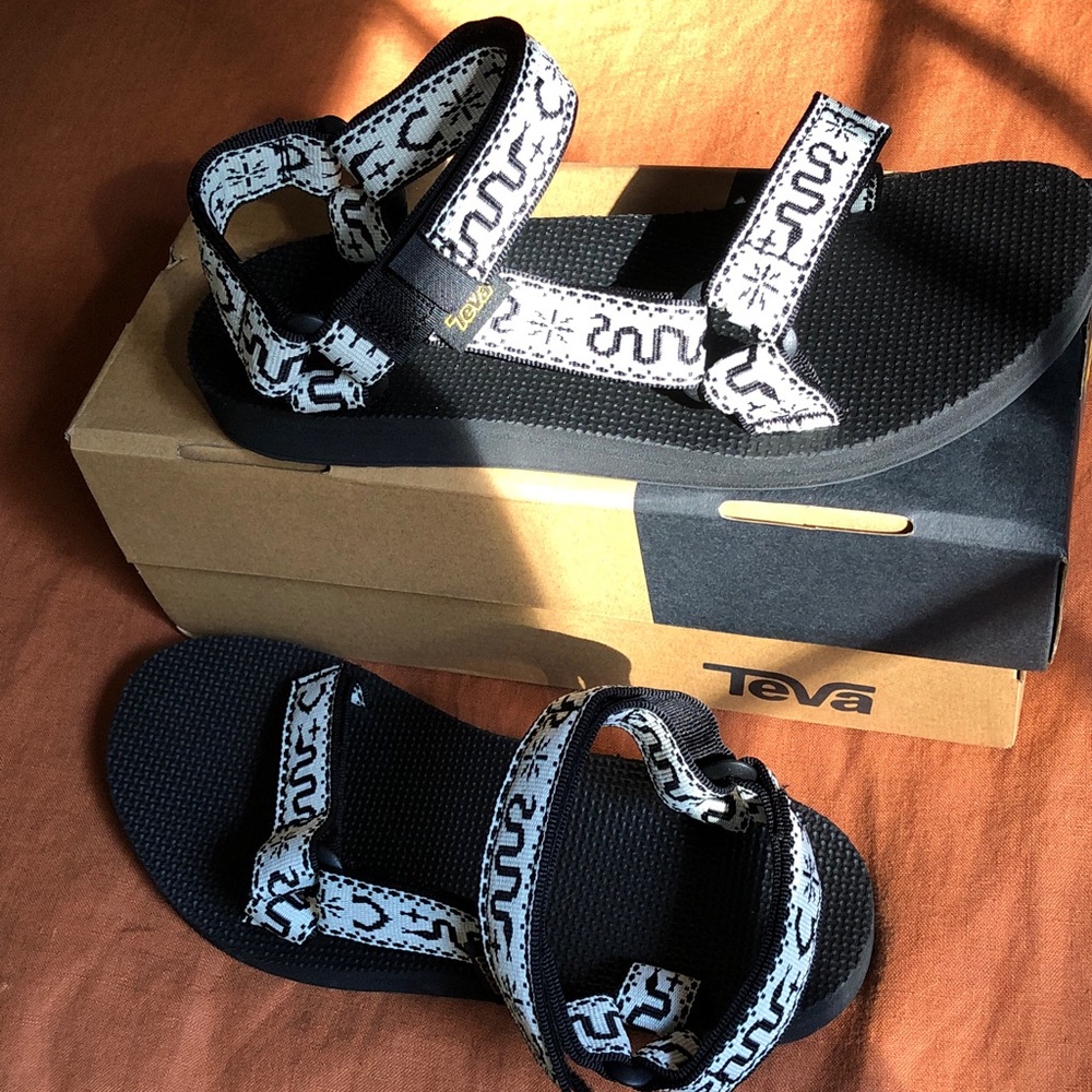 Teva Black Sandals with White Patterned Serpent Straps